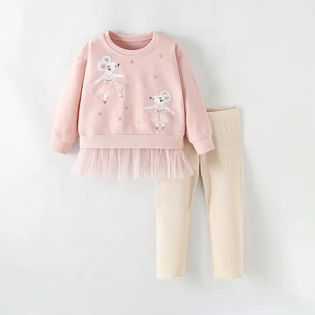 Wholesale Kids Girls' Fashion Casual Autumn Printed Long-Sleeve Lace Stitching Sweatshirt Tight Pants Two-Piece Set