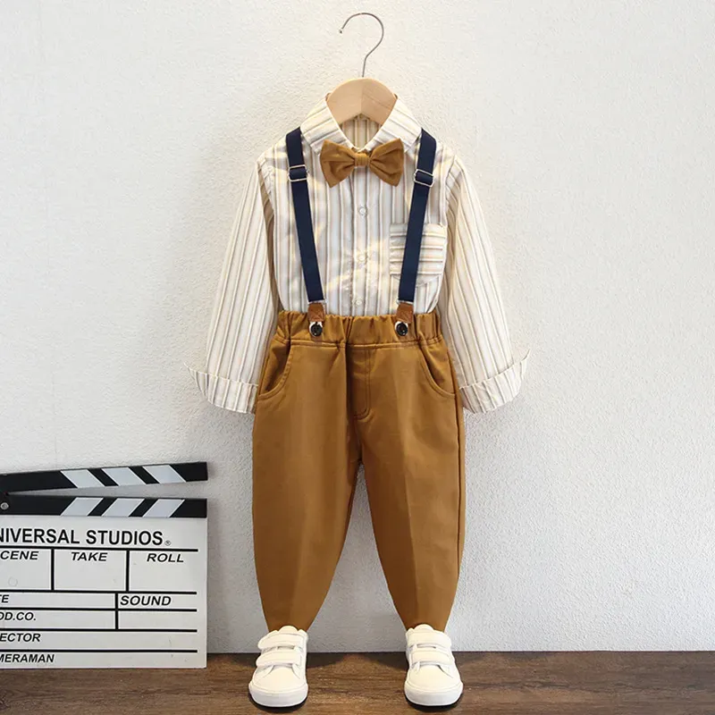 Wholesale Kids Toddler Big Boys Spring Autumn Fashion Casual British Style Bow Waistcoat Stripe Shirt Suspender Trousers Party Clothing Set - Image 8