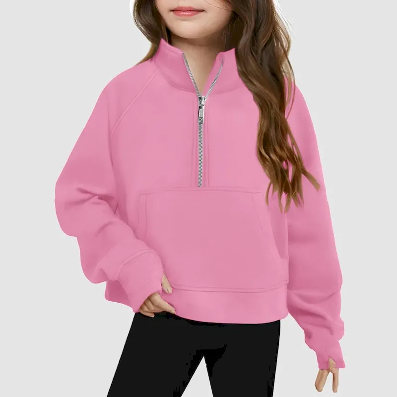 Wholesale Kids Girls' Fashion Casual Autumn Solid Color Half-Zipper Long-Sleeve Loose Sweatshirt - Image 10