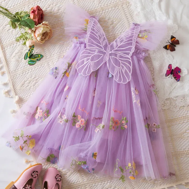 Wholesale Kids Girls Fashion Elegant Floral Embroidered Butterfly Mesh Flying Sleeve Dress - Image 8