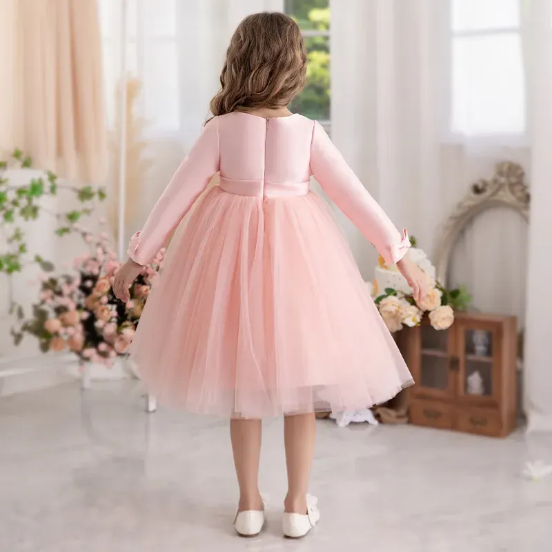 Wholesale Kids Toddler Big Girls Casual Party Solid Color Mesh Long Sleeve Pearl Round Neck Tutu Princess Dress - Image 6