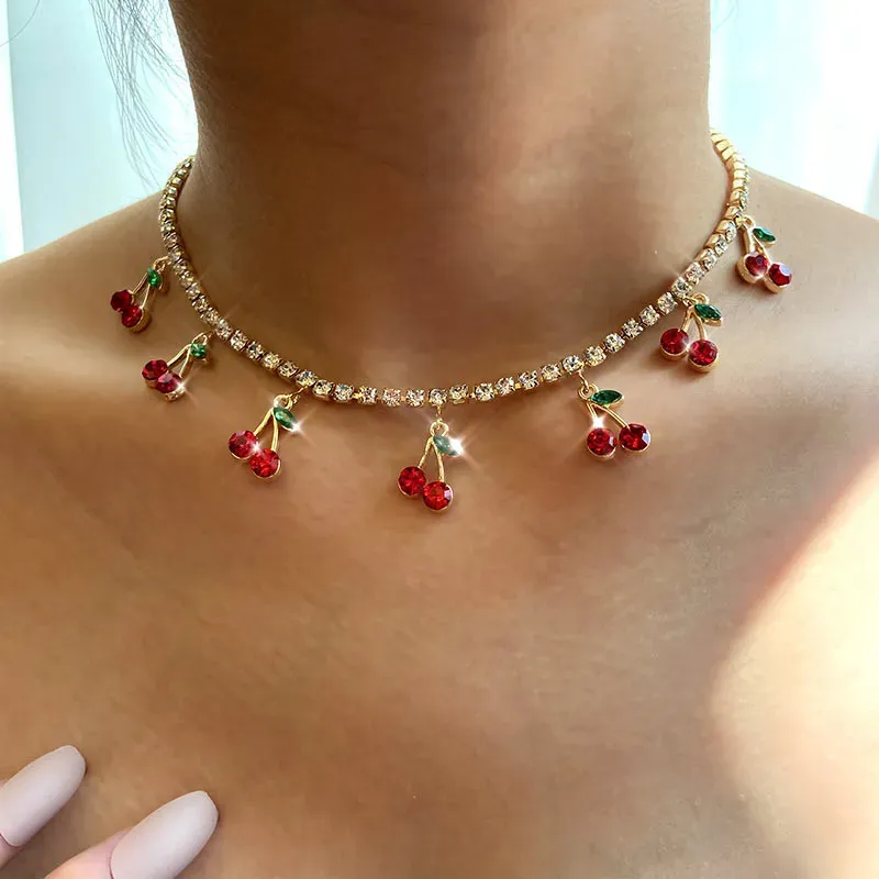 Wholesale Women Fashion Red Small Cherry Rhinestone Chain Necklace