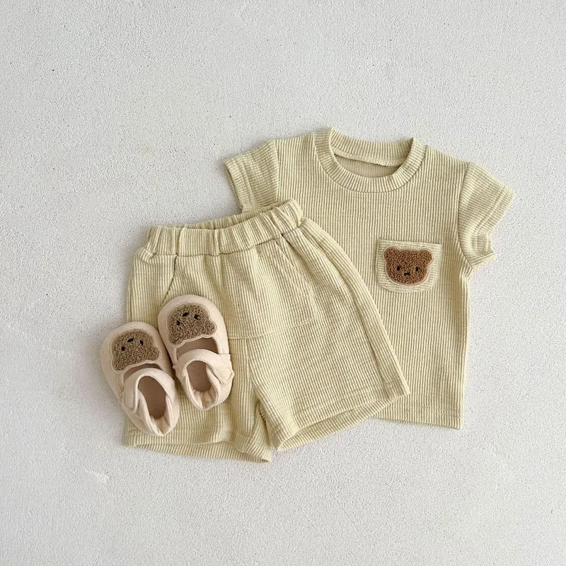 Wholesale Kids Baby Boys Girls Casual Cute Cartoon Bear Stripe Short Sleeve Top Shorts Sets - Image 6