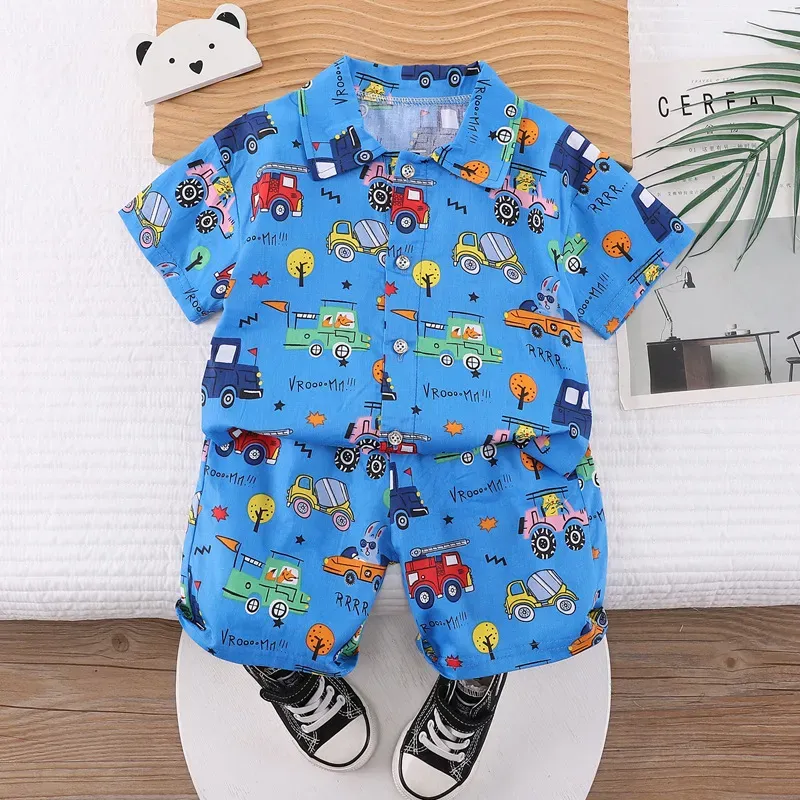 Wholesale Kids Baby Boys Casual Cute Cartoon Print Short Sleeve Lapel Shirt Shorts Sets - Image 36