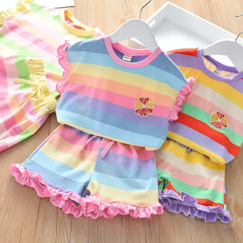Wholesale Girl'S Fashion Rainbow Stripe Print Ruffled Shorts Two-Piece Set - Image 3