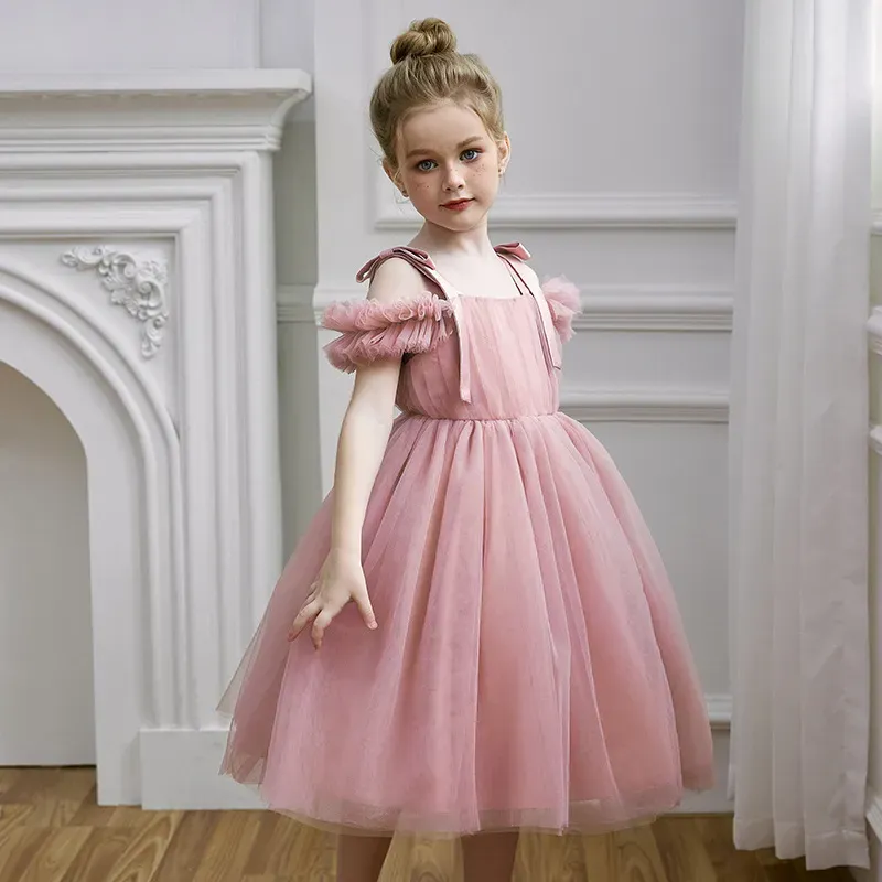 Wholesale Kids Girls' Fashion Elegant Mesh Sleeveless Lace-Up Party Princess Dress