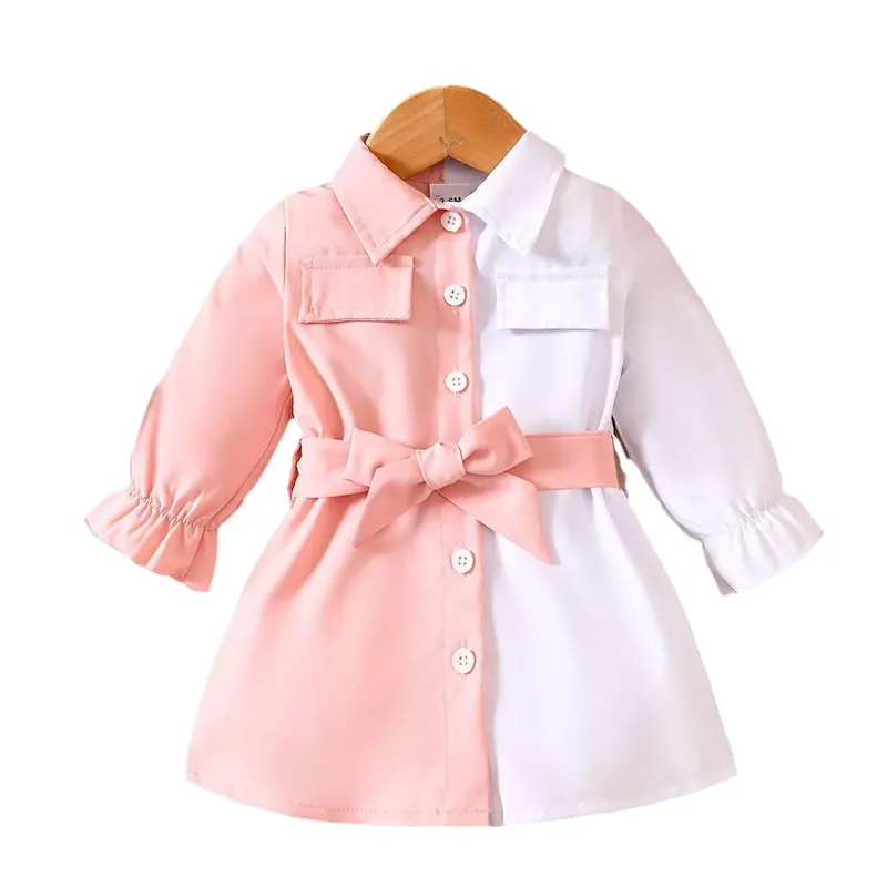 Wholesale Kids Baby Girls Casual Color Matching Long Sleeve Lapel Dress - Image 6