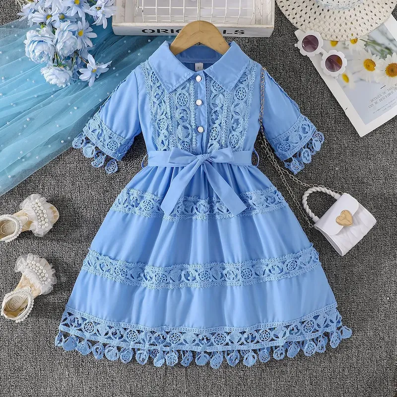 Wholesale Kids Girls Fashion Elegant Solid Color Lace Embroidered Lapel Short-Sleeve Lace-Up Dress - Image 3