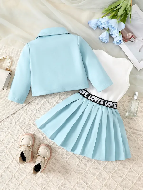 Wholesale Kids Girls Fashion Casual Flower Lapel Long-Sleeve Cardigan Vest Pleated Skirt Three-Piece Set - Image 3