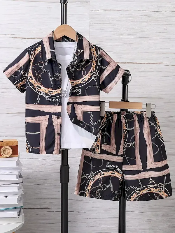 Wholesale Boys Fashion Casual Vacation Printed Short-Sleeve Blouse Loose Shorts Two-Piece Set - Image 39