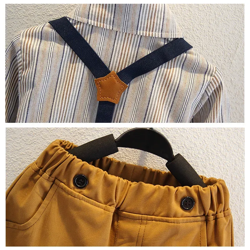 Wholesale Kids Toddler Big Boys Spring Autumn Fashion Casual British Style Bow Waistcoat Stripe Shirt Suspender Trousers Party Clothing Set - Image 6