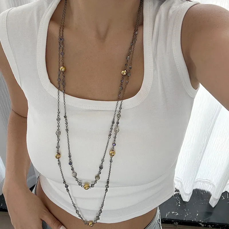 Wholesale Women Fashion Retro Imitation Pearl Tassel Chain Stacked Long Necklace Set - Image 3
