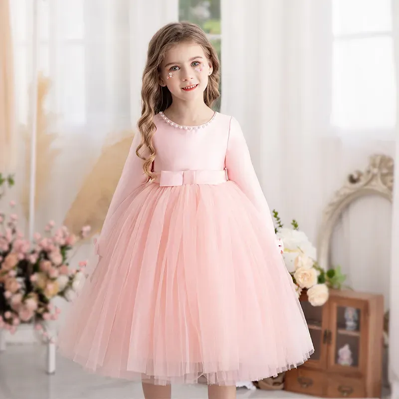 Wholesale Kids Toddler Big Girls Casual Party Solid Color Mesh Long Sleeve Pearl Round Neck Tutu Princess Dress