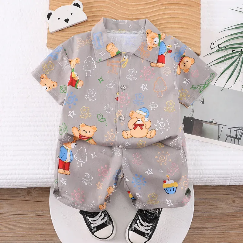 Wholesale Kids Baby Boys Casual Cute Cartoon Print Short Sleeve Lapel Shirt Shorts Sets - Image 8