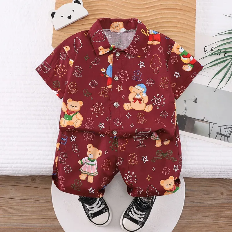 Wholesale Kids Baby Boys Casual Cute Cartoon Print Short Sleeve Lapel Shirt Shorts Sets - Image 9