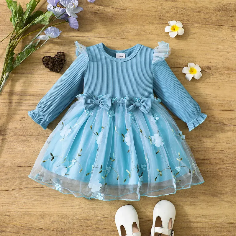 Wholesale Kids Baby Girls Fashion Cute Mesh Embroidered Bowknot Long Sleeve Dress - Image 3