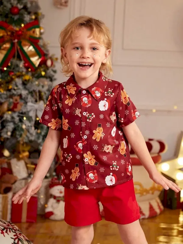 Wholesale Boys' Fashion Heart Print Short Sleeve Shirt And Shorts Two-Piece Set - Image 32