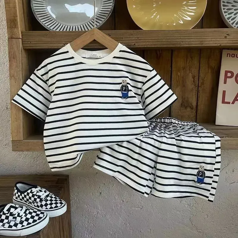 Wholesale Boy'S Fashion Casual Stripe Bear Short-Sleeve T-Shirt Loose Shorts Two-Piece Set - Image 5