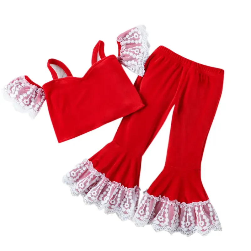 Wholesale Christmas Children Kids Toddler Girls Sweet Lace Ruffle Sleeves Tops And Flared Pants 2pcs Set - Image 6