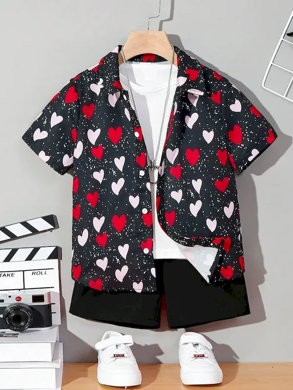 Wholesale Boys' Fashion Heart Print Short Sleeve Shirt And Shorts Two-Piece Set - Image 8