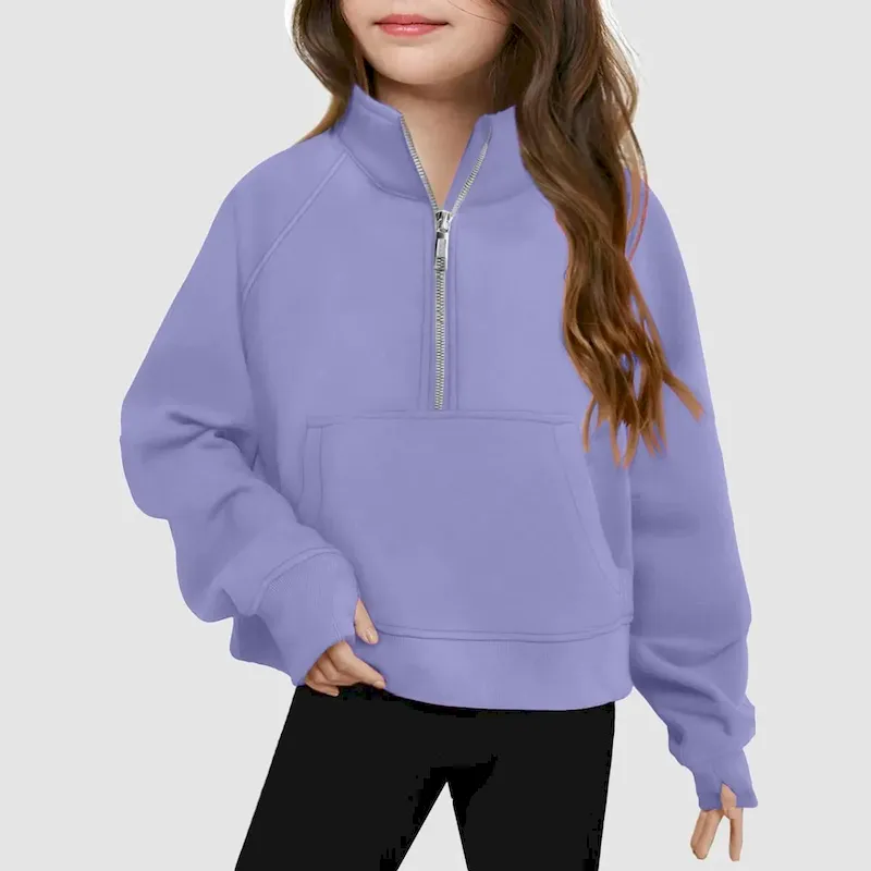 Wholesale Kids Girls' Fashion Casual Autumn Solid Color Half-Zipper Long-Sleeve Loose Sweatshirt - Image 8