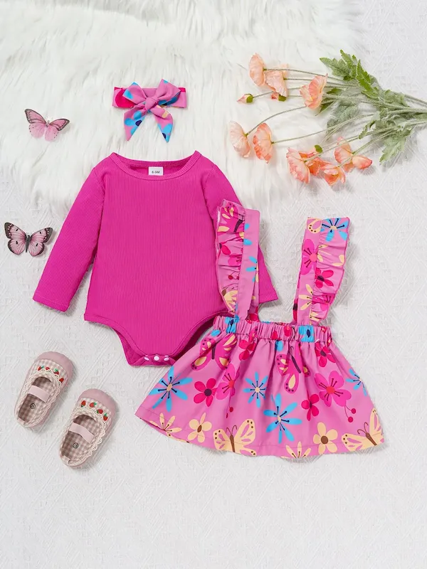Wholesale Kids Baby Girls Fashion Cute Floral Printed Long Sleeve Rompers Sleeveless Bowknot Dress Hairband Three-Piece Set - Image 5