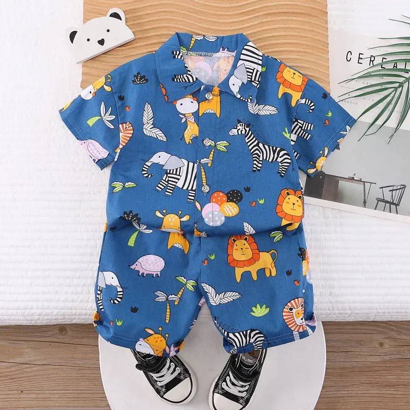 Wholesale Kids Baby Boys Casual Cute Cartoon Print Short Sleeve Lapel Shirt Shorts Sets - Image 27