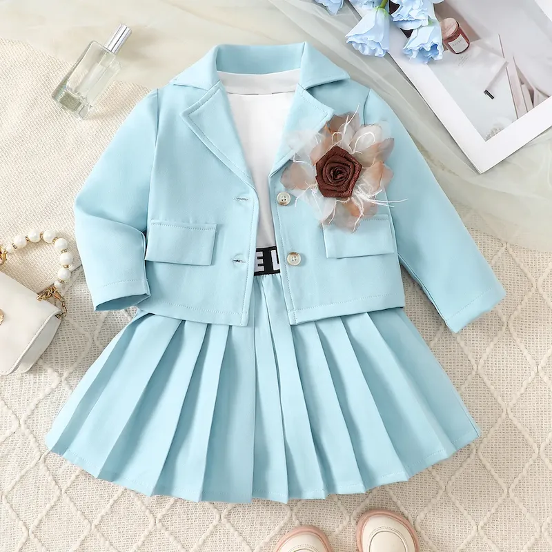 Wholesale Kids Girls Fashion Casual Flower Lapel Long-Sleeve Cardigan Vest Pleated Skirt Three-Piece Set - Image 5