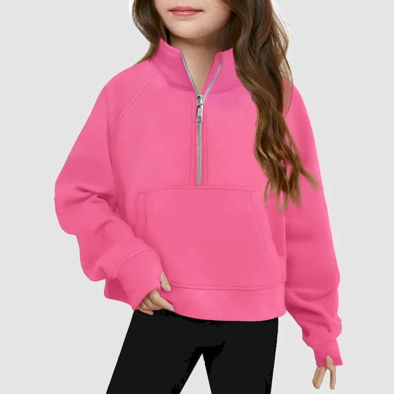 Wholesale Kids Girls' Fashion Casual Autumn Solid Color Half-Zipper Long-Sleeve Loose Sweatshirt - Image 9