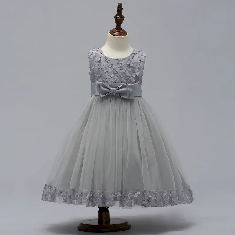 Wholesale Kids Girls Fashion Elegant Solid Color Lace Bowknot Mesh Sleeveless Princess Dress - Image 11