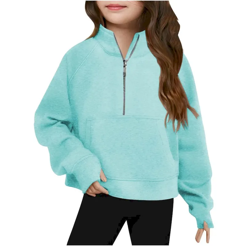 Wholesale Kids Girls' Fashion Casual Autumn Solid Color Half-Zipper Long-Sleeve Loose Sweatshirt - Image 14