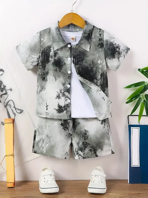 Wholesale Boys Fashion Casual Vacation Printed Short-Sleeve Blouse Loose Shorts Two-Piece Set - Image 7