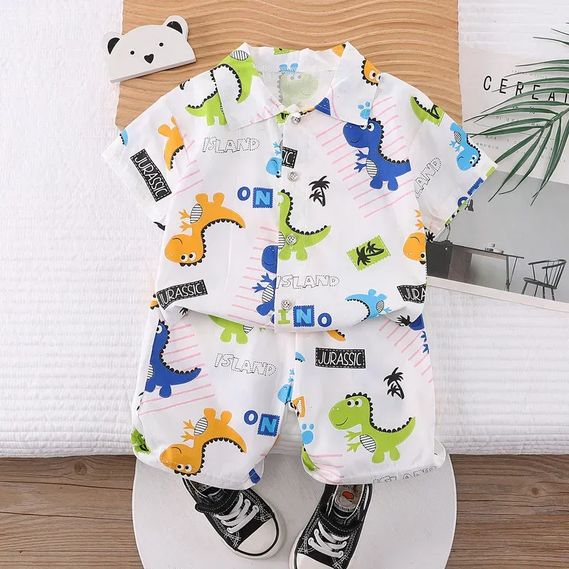 Wholesale Kids Baby Boys Casual Cute Cartoon Print Short Sleeve Lapel Shirt Shorts Sets - Image 22