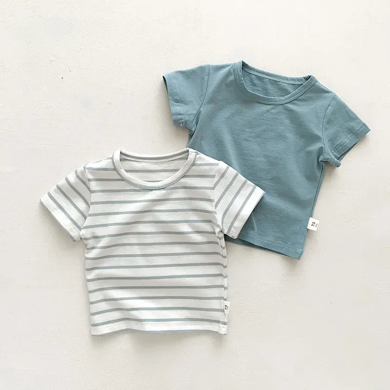Wholesale Kids Baby Fashion Casual Solid Color Stripe Cotton Round Neck Short-Sleeve T-Shirt - Image 3