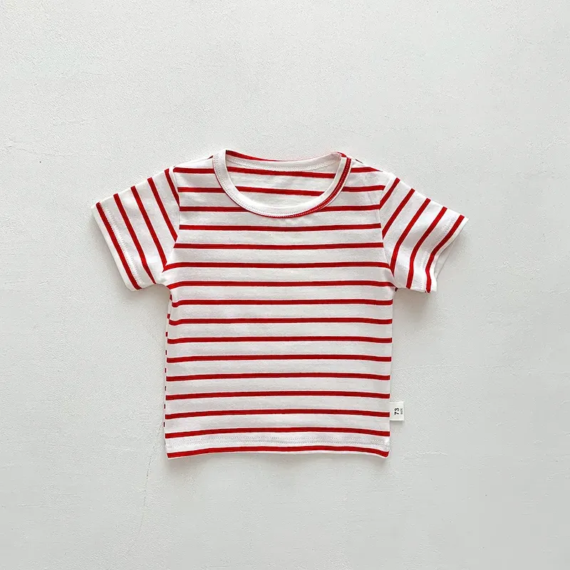 Wholesale Kids Baby Fashion Casual Solid Color Stripe Cotton Round Neck Short-Sleeve T-Shirt - Image 6