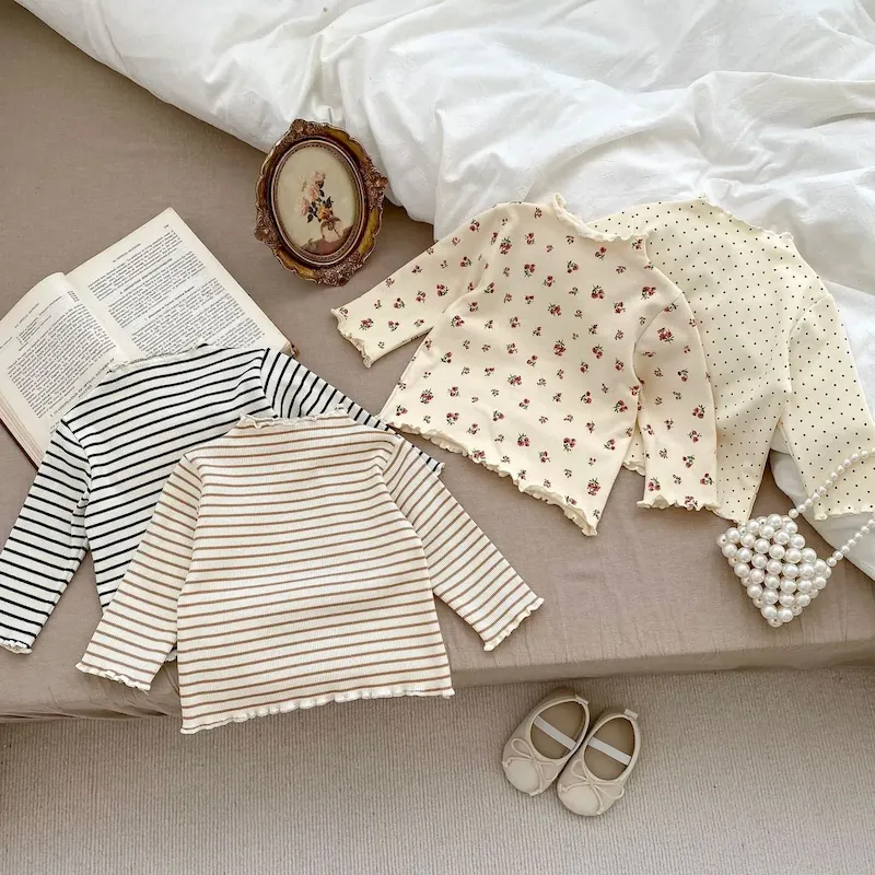 Wholesale Kids Baby Girls Tiny Flower Stripe Polka Dot Long Sleeve Top