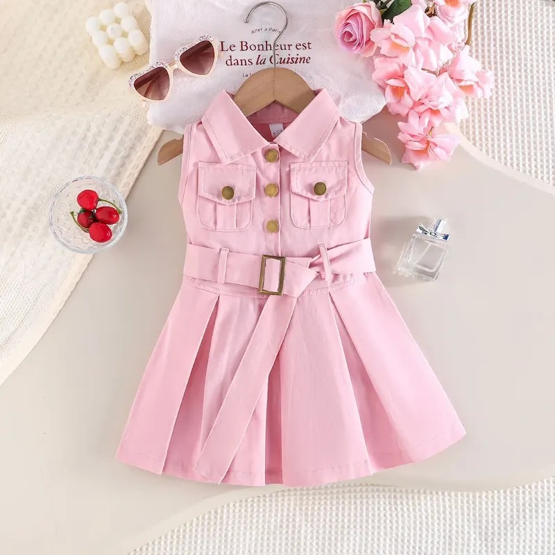 Wholesale Kids Girl Fashion Casual Solid Color Lapel Sleeveless Pockets Belt Dress - Image 3