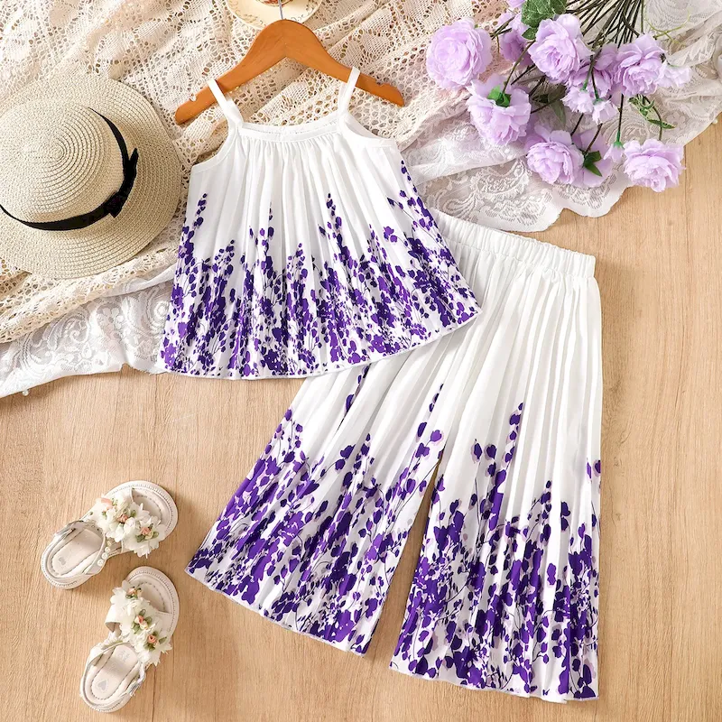 Wholesale Kids Girl'S Fashion Sweet Fresh Printed Pleated Camisole Loose Pants Two-Piece Set