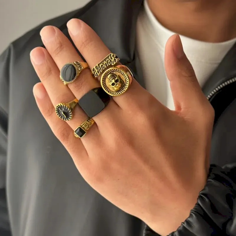 Wholesale Men Fashion Geometric Alloy Skull Ring 6-Pieces Set