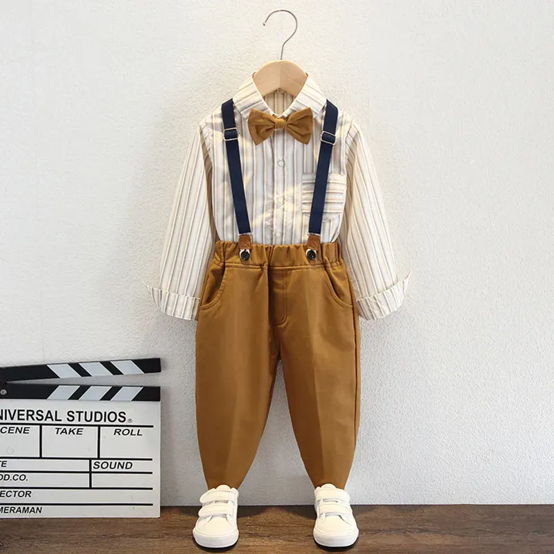 Wholesale Kids Toddler Big Boys Spring Autumn Fashion Casual British Style Bow Waistcoat Stripe Shirt Suspender Trousers Party Clothing Set - Image 3
