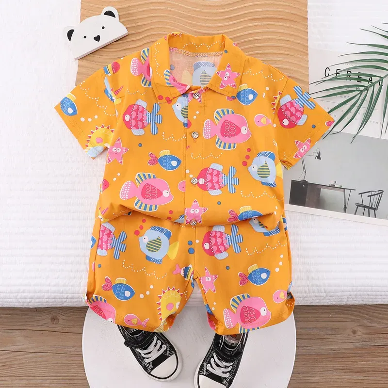 Wholesale Kids Baby Boys Casual Cute Cartoon Print Short Sleeve Lapel Shirt Shorts Sets - Image 32