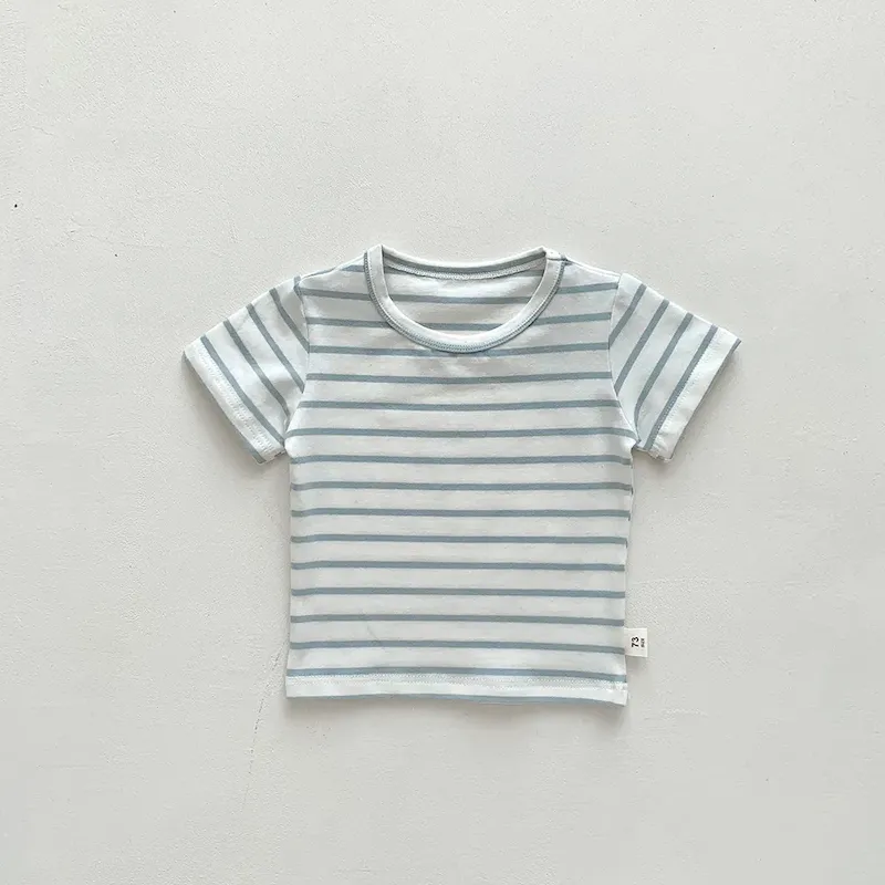 Wholesale Kids Baby Fashion Casual Solid Color Stripe Cotton Round Neck Short-Sleeve T-Shirt - Image 7