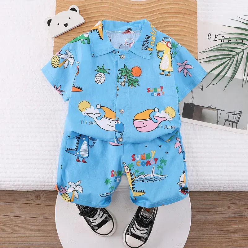 Wholesale Kids Baby Boys Casual Cute Cartoon Print Short Sleeve Lapel Shirt Shorts Sets - Image 29