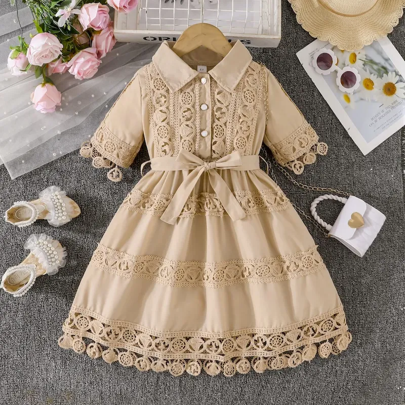 Wholesale Kids Girls Fashion Elegant Solid Color Lace Embroidered Lapel Short-Sleeve Lace-Up Dress - Image 7