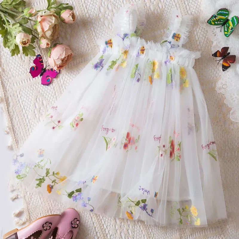 Wholesale Kids Girls Fashion Elegant Floral Embroidered Butterfly Mesh Flying Sleeve Dress - Image 15