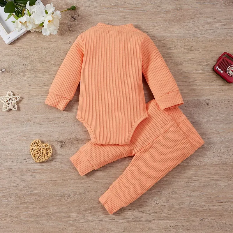 Wholesale Kids Bys And Girls Autumn And Winter Solid Color Stripes Long-Sleeve Bodysuits Drawstring Pants Two-Piece Set - Image 4