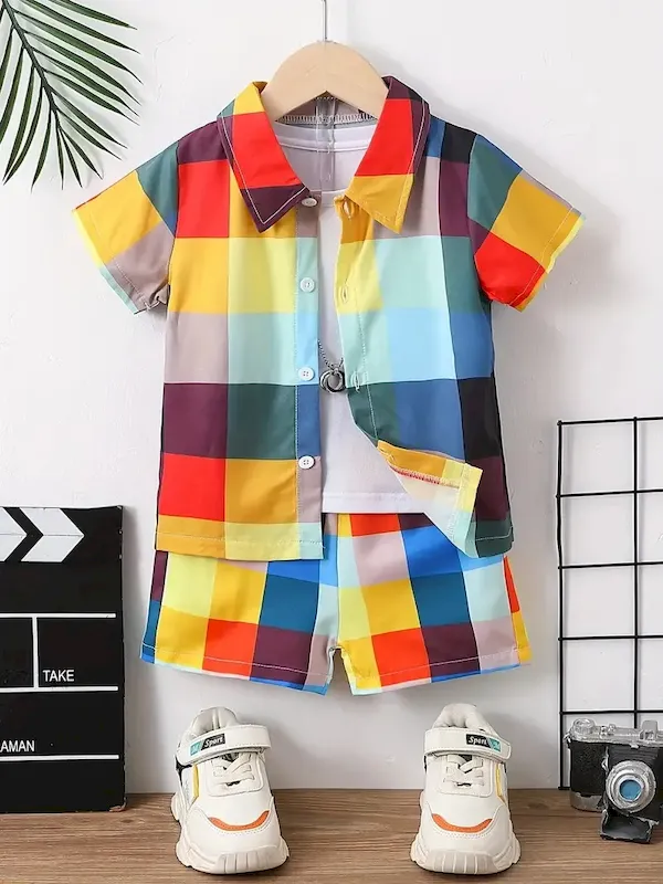 Wholesale Boys Fashion Casual Vacation Printed Short-Sleeve Blouse Loose Shorts Two-Piece Set - Image 31