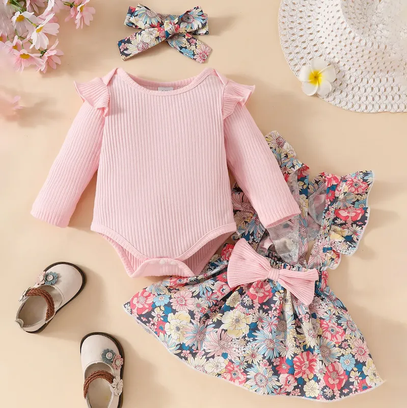 Wholesale Kids Baby Girls Fashion Cute Floral Printed Long Sleeve Rompers Sleeveless Bowknot Dress Hairband Three-Piece Set
