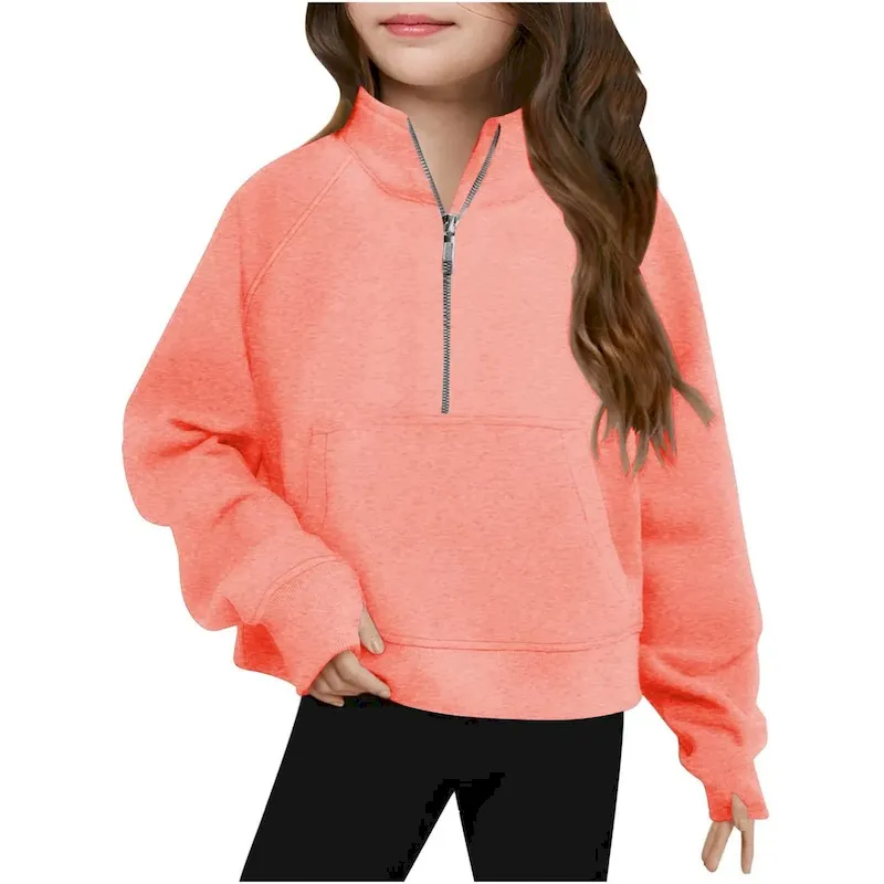 Wholesale Kids Girls' Fashion Casual Autumn Solid Color Half-Zipper Long-Sleeve Loose Sweatshirt - Image 3