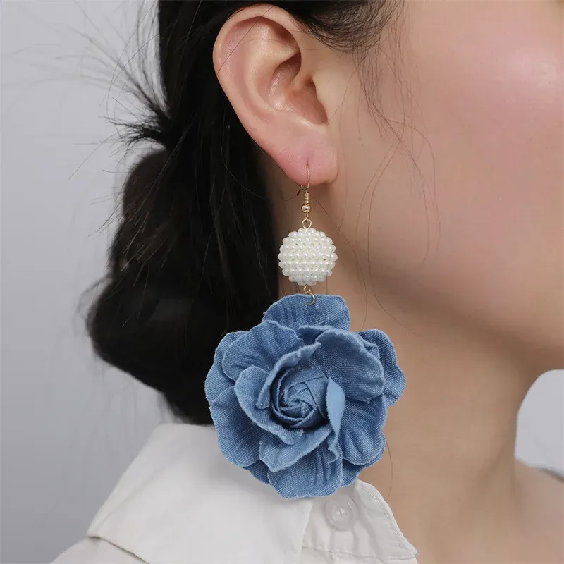 Wholesale Women Fashion Simple Denim Camellia Earrings